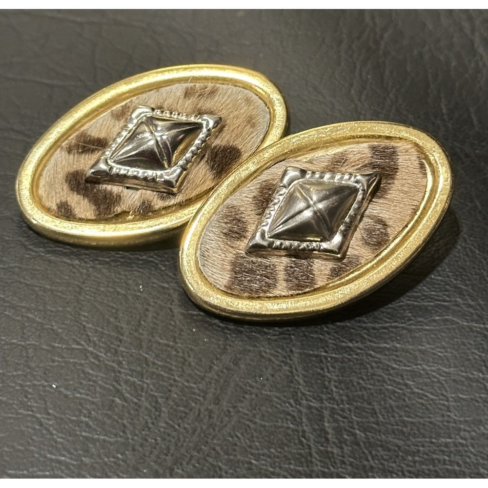 Large Oversied Oval Animal Print Post Earrings Gold Tone and Silver Tone Accent‎